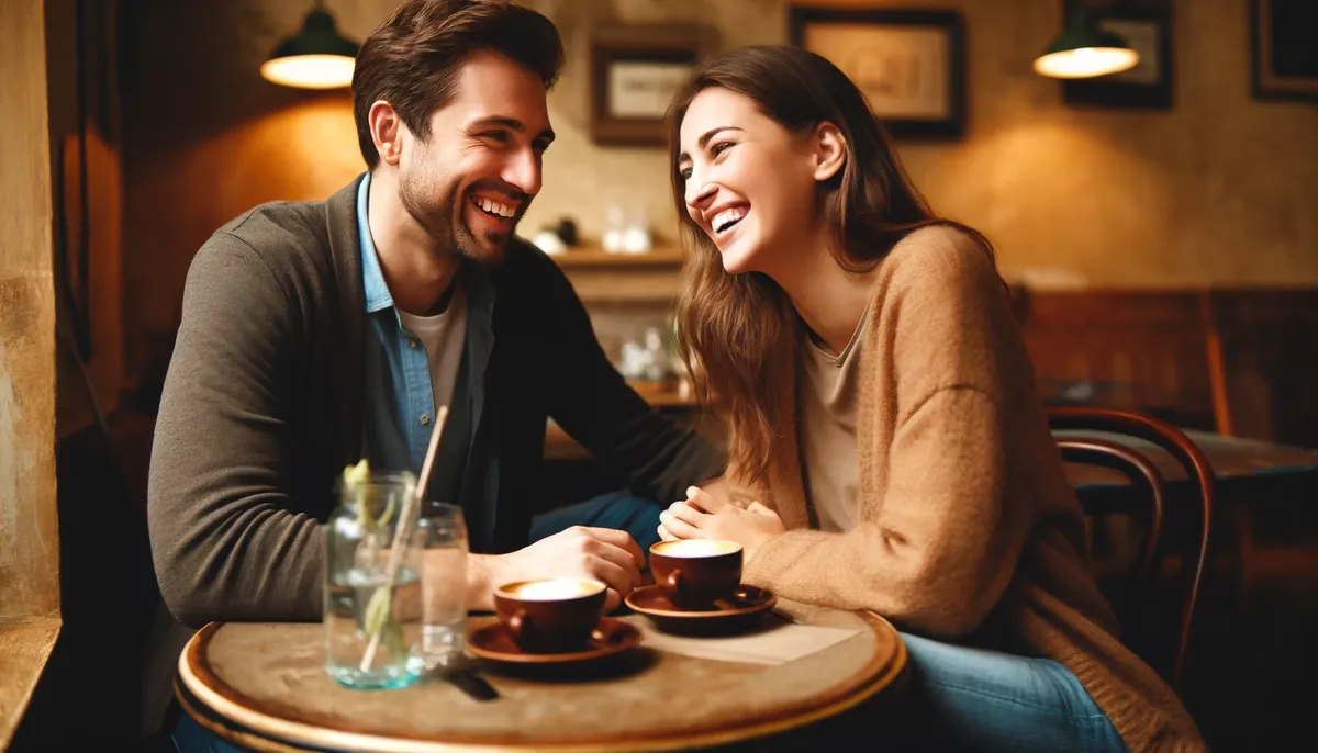 homem e mulher tendo momento feliz, depois de homem ter aplicando as melhores 100 perguntas para o primeiro encontro.