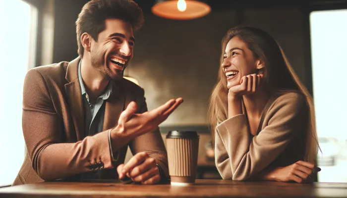 homem conversando e sorrindo com sua parceira em um encontro romântico, depois de ter convidado para sair.