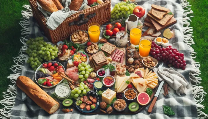 várias comidas, quitutes organizados em um pano de piquenique no parque, representando como fazer um piquenique inesquecível.