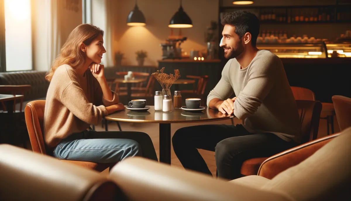 mulher sorrindo, conversando com homem representando como iniciar uma conversa em um encontro.