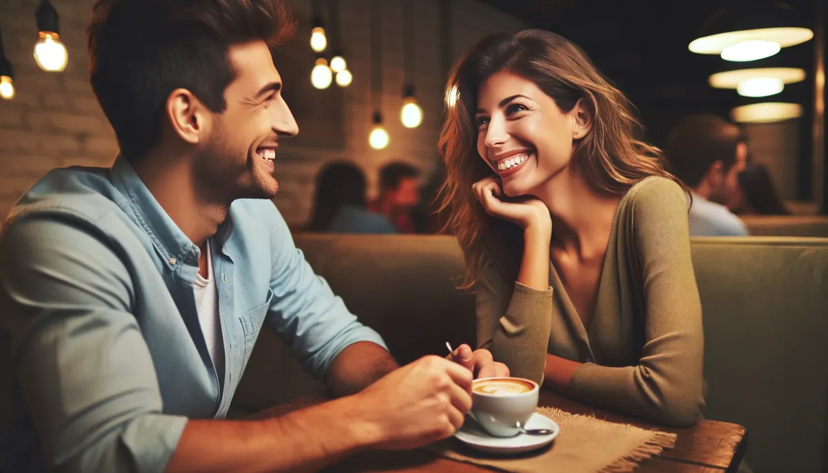 tomando um café com uma mulher, representando como ler sinais no primeiro encontro.