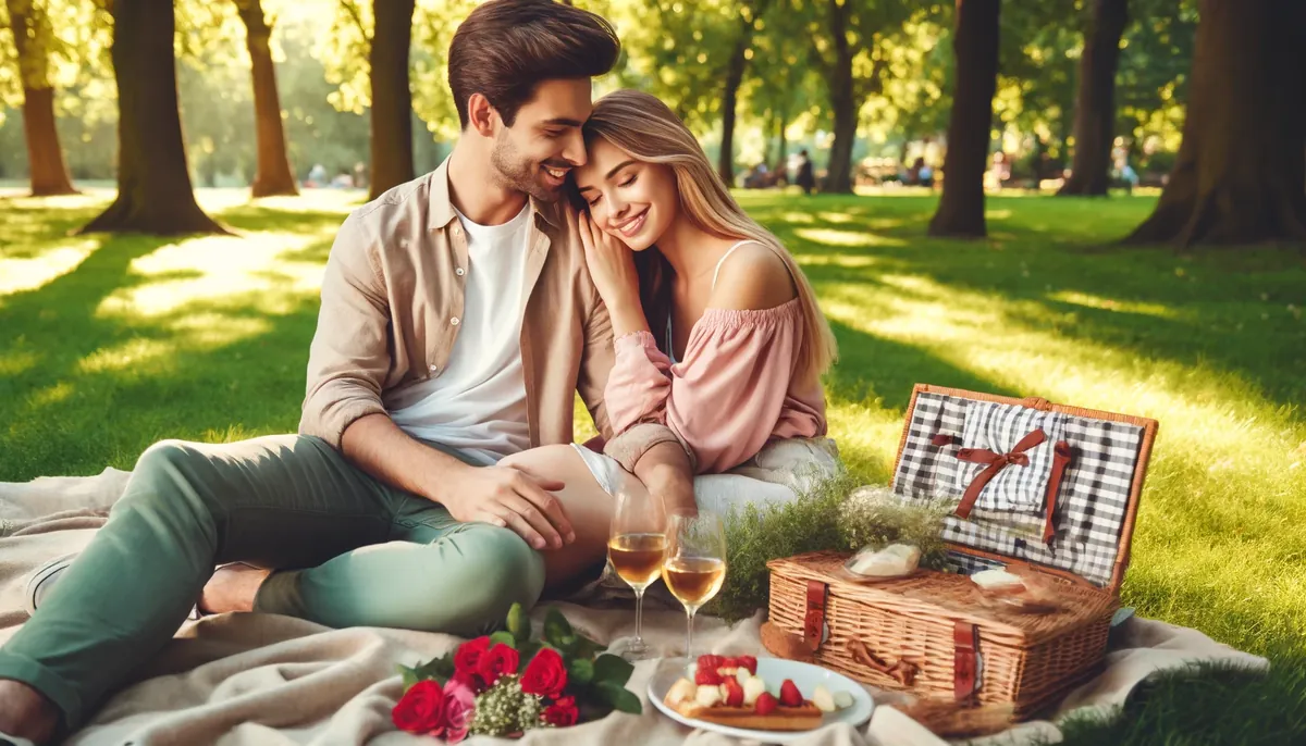 casal feliz, apaixonados no parque em um piquenique, representando como planejar um piquenique romântico.