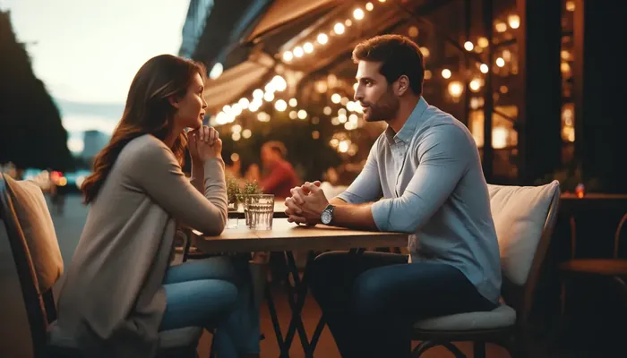 homem e mulher conversando algo interessante, representando como puxar uma conversa interessante.