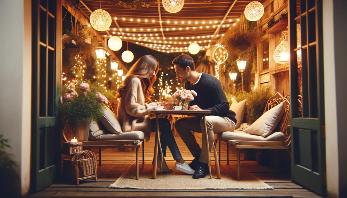 casal feliz em um primeiro encontro, em um lugar romântico, jantando a noite. Representando como se preparar para um primeiro encontro.