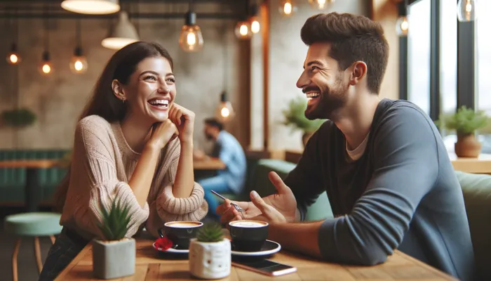 homem e mulher em um primeiro encontro, sorrindo e curtindo o momento, representandoconversas e temas interessantes para um primeiro encontro.