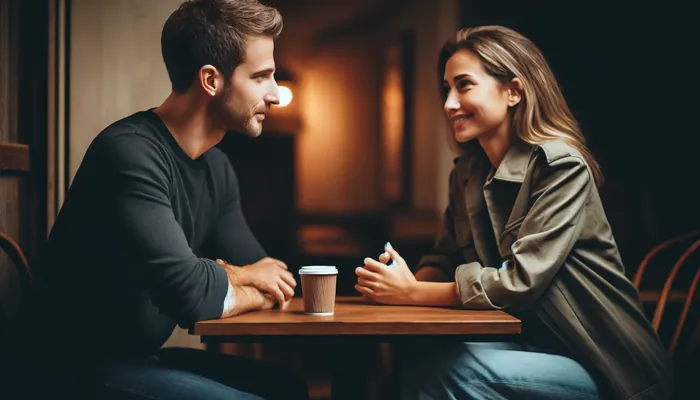 homem tomando café e mulher sorrindo, enquanto ele olha para ela, representando dicas de comportamento e linguagem corporal na conversa em um encontro.