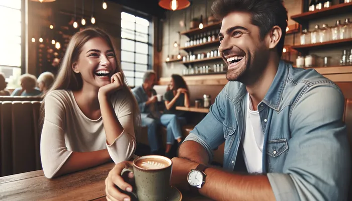 mulher e homem rindo em um excelente encontro, representando papel do humor no primeiro encontro.