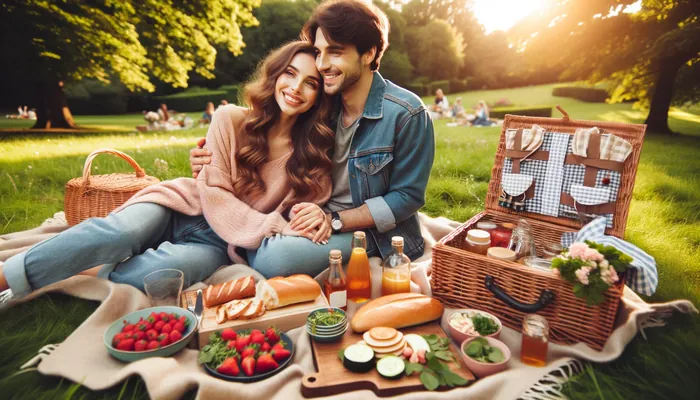 casal feliz, fazendo um piquenique em um parque, cheio de comidas e sorrindo. Representando o que fazer de diferente no primeiro encontro.