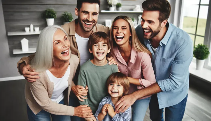 Família feliz, sorrindo para uma foto, representando perguntas sobre família e amizades.