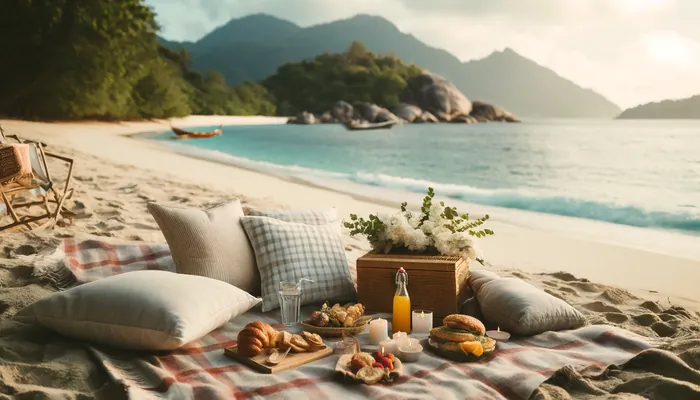 uma praia paradisíaca, com um local romântico, representando piquenique romântico na praia.