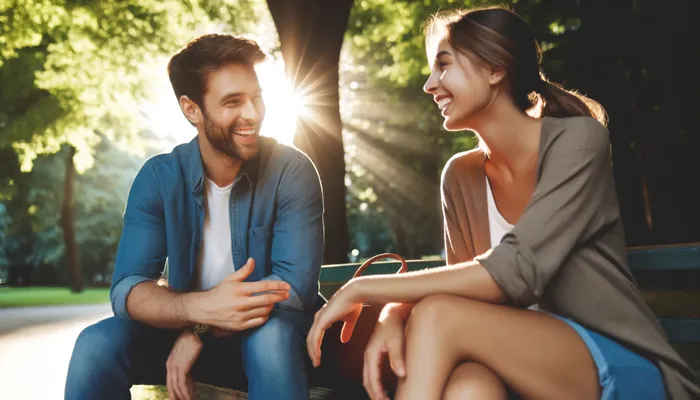 mulher sorrindo, enquanto homem conta algo, representando primeiras palavras para quebra de gelo na conversa do primeiro encontro.