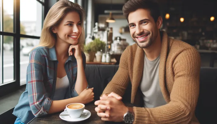 casal sorrindo num encontro, num café, mostrando a importância da comunicação no primeiro encontro.