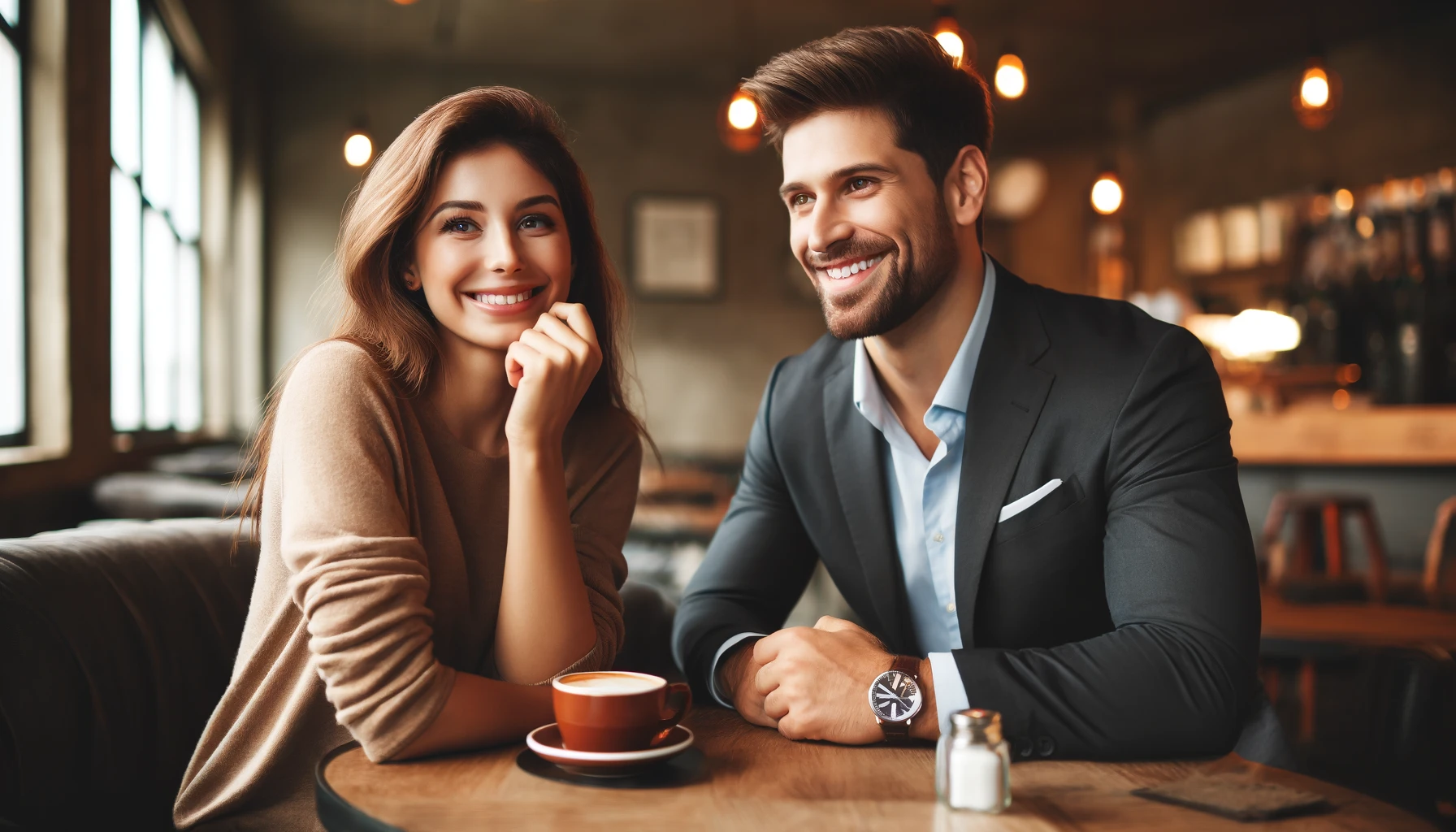 casal sorrindo e demonstando que não estão com ansiedade no primeiro encontro.