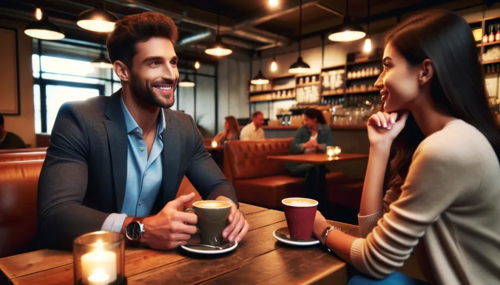 casal em cafeteria sorrindo e tomando café, representando como manter o interesse dela após o primeiro encontro.