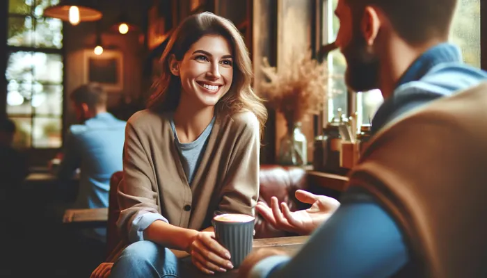 homem mostrando como saber se uma pessoa está flertando com você em um café da tarde, num encontro.