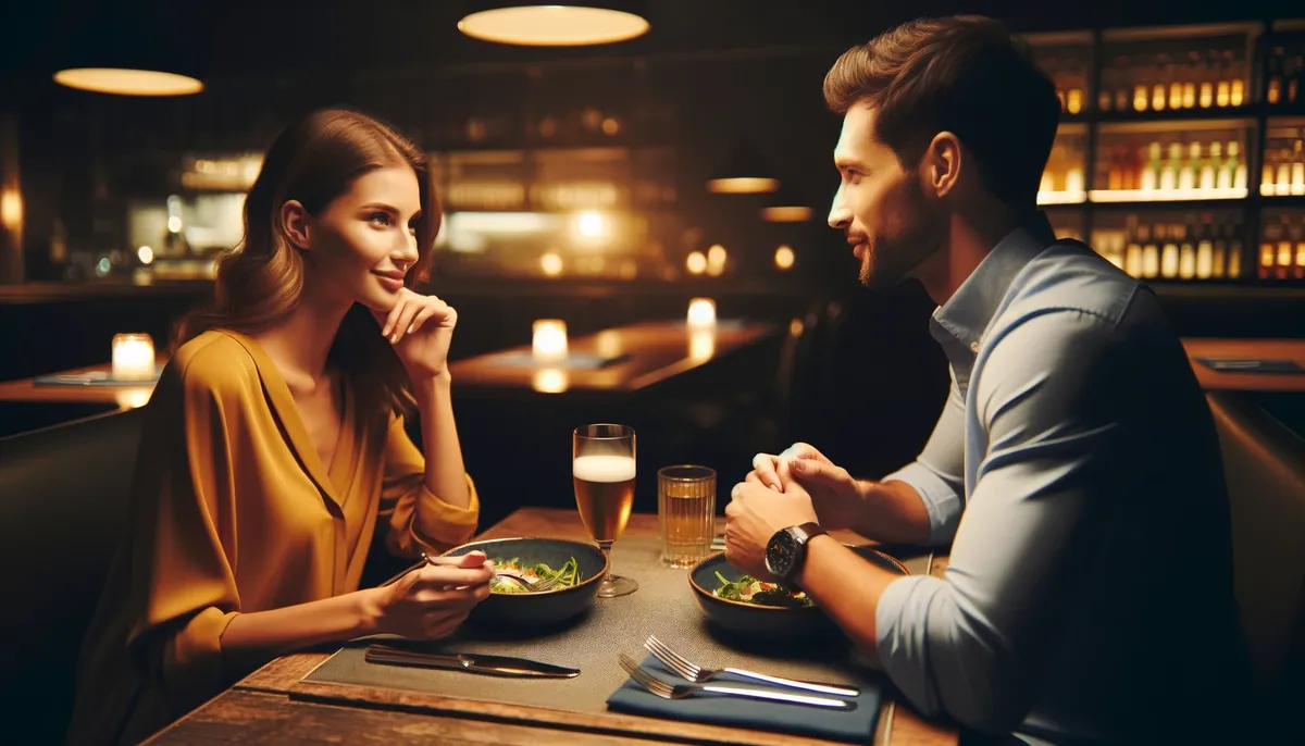 homem e mulher num encontro a noite, depois do homem receber dicas para um primeiro encontro inesquecível.