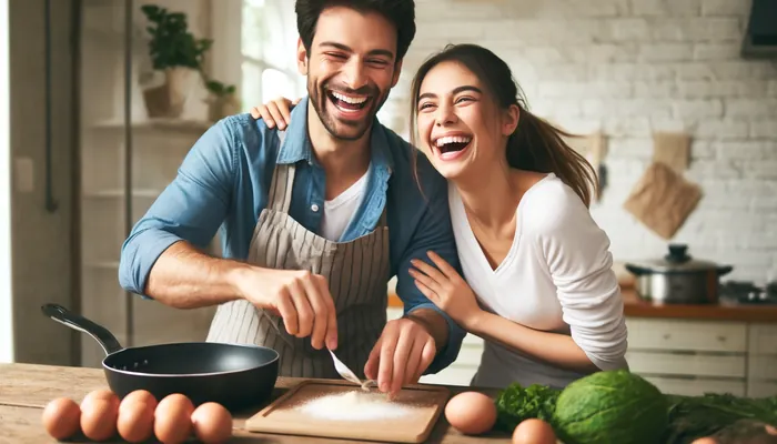 Casal sorrindo, depois do homem receber dicas para um segundo encontro garantido momentos inesquecíveis.