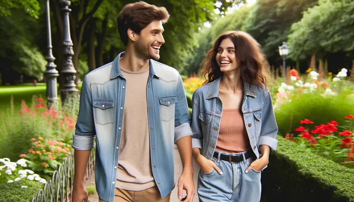 casal caminhando no parque, sorrindo, mostrando detalhes de mantenha pensamentos positivos para ficar tranquilo em um encontro.