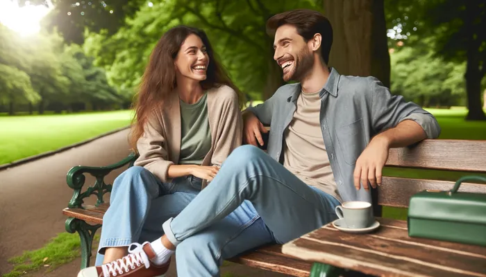 casal conversando em banco de praça, representando o que fazer depois do almoço no primeiro encontro.