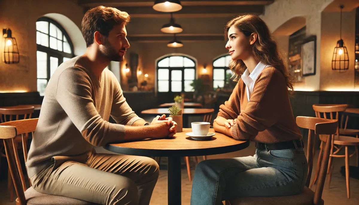 homem conversando com a ex em um café, representando o que fazer depois do primeiro encontro com a ex.