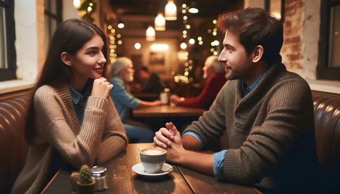 casal conversando, representando o que fazer se o primeiro encontro não foi perfeito.