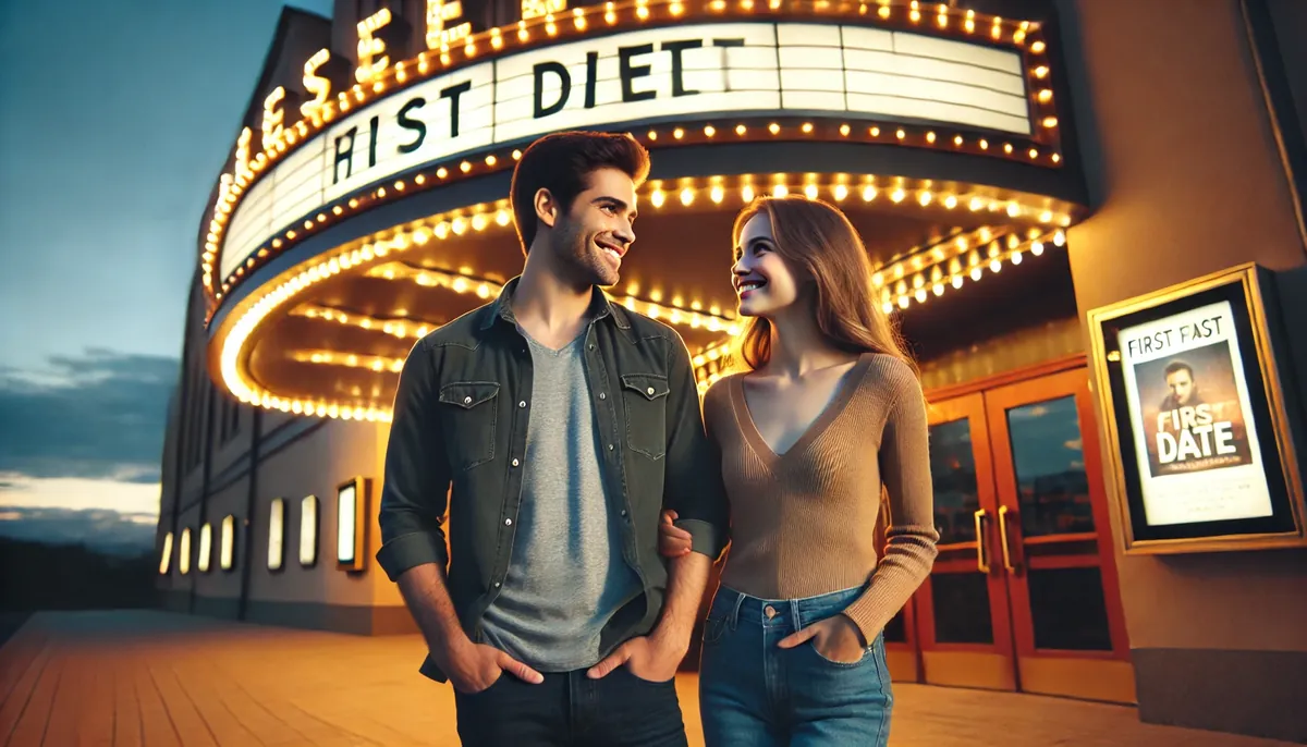 casal em frente a um cinema, representando o que não fazer no primeiro encontro.