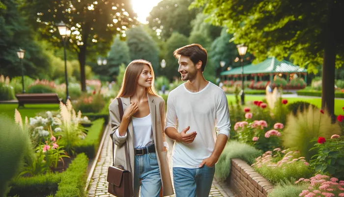 casal em um parque florido, mostrando o que seria ideal no primeiro encontro.