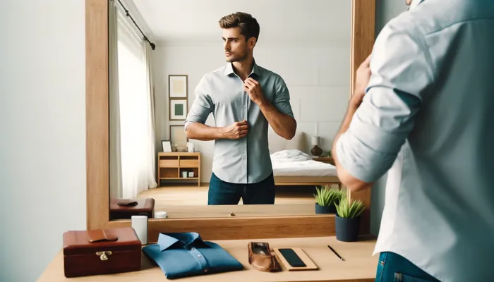 homem ajeitando a blusa, preparando-se com antecedência como controlar a ansiedade no primeiro encontro.