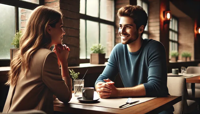 casal conversando em um café, representando tópicos de conversa para evitar no primeiro encontro.