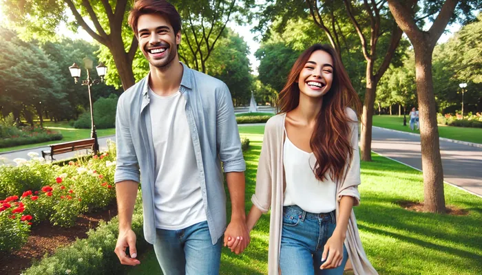 Casal sorrindo em parque, representando apoio emocional e prático.