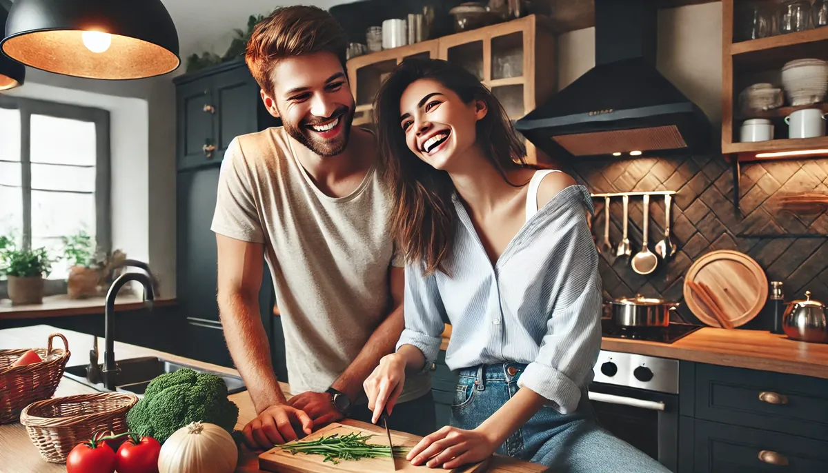 Casal sorrindo, preparando comida, mostrando como manter um relacionamento saudável.