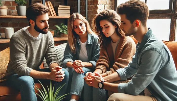 Amigos reunidos, tratando de falar sobre como se libertar do medo da rejeição.