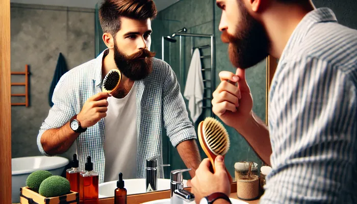 homem escovando barba, mostrandogrooming mantendo uma aparência bem-cuidada barba.