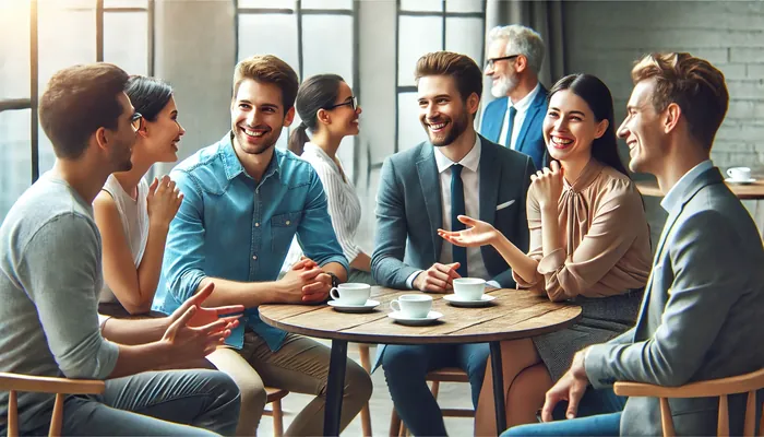 grupo de amigos conversando em happy hour.