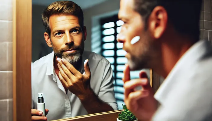 homem fazendo ajeitando a barba, mostrando ter uma boa higiene pessoa após os 40.