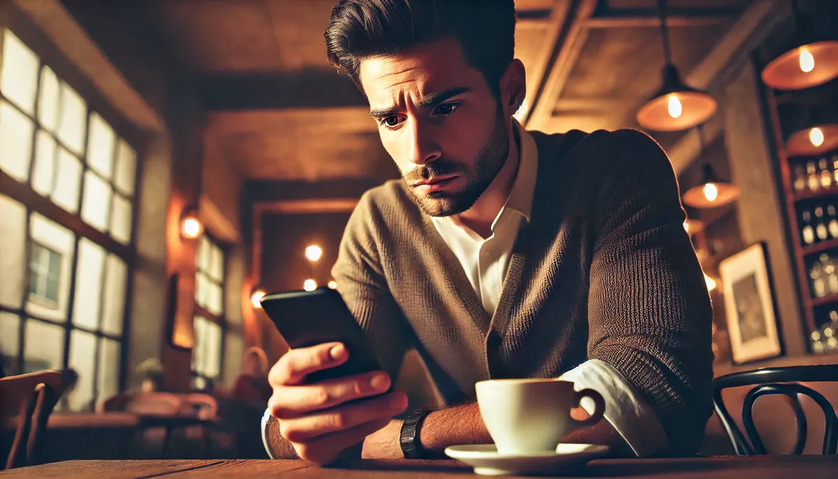 homem triste, em um café, esperando uma mensagem, representando como saber se a mulher está te usando.