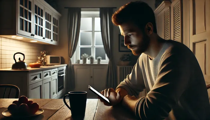 homem, triste vendo celular na sala, representando o primeiro sinal de uma traição.