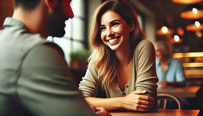 Mulher mostrando através de olhares fixos e sorriso deslumbrante, o seu interesse genuíno em um homem.