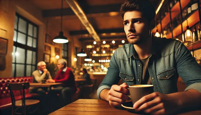 homem em cafeteria, triste, pensando: porque as mulheres usam os homens.