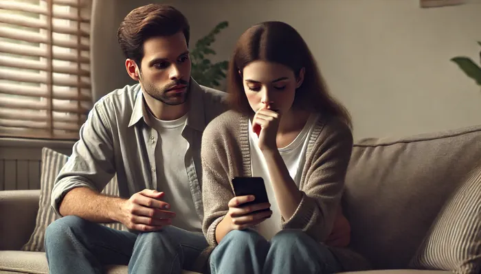 Homem triste em uma relação falha, sentado no sofá com namorada, representando ela muda a senha do celular ou do whatsapp.