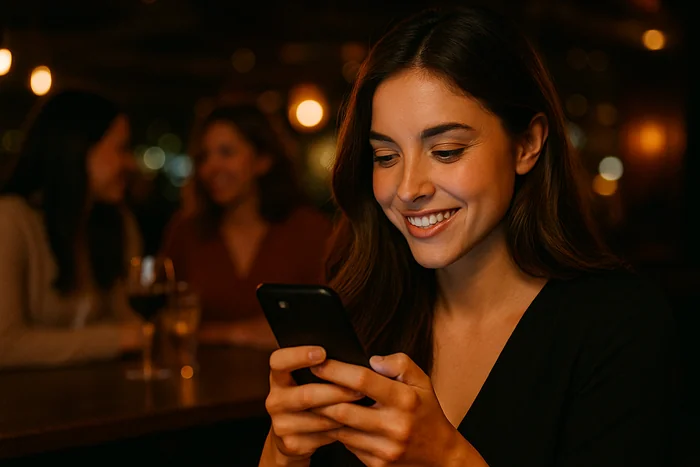 mulher feliz em receber mensagens no celular.